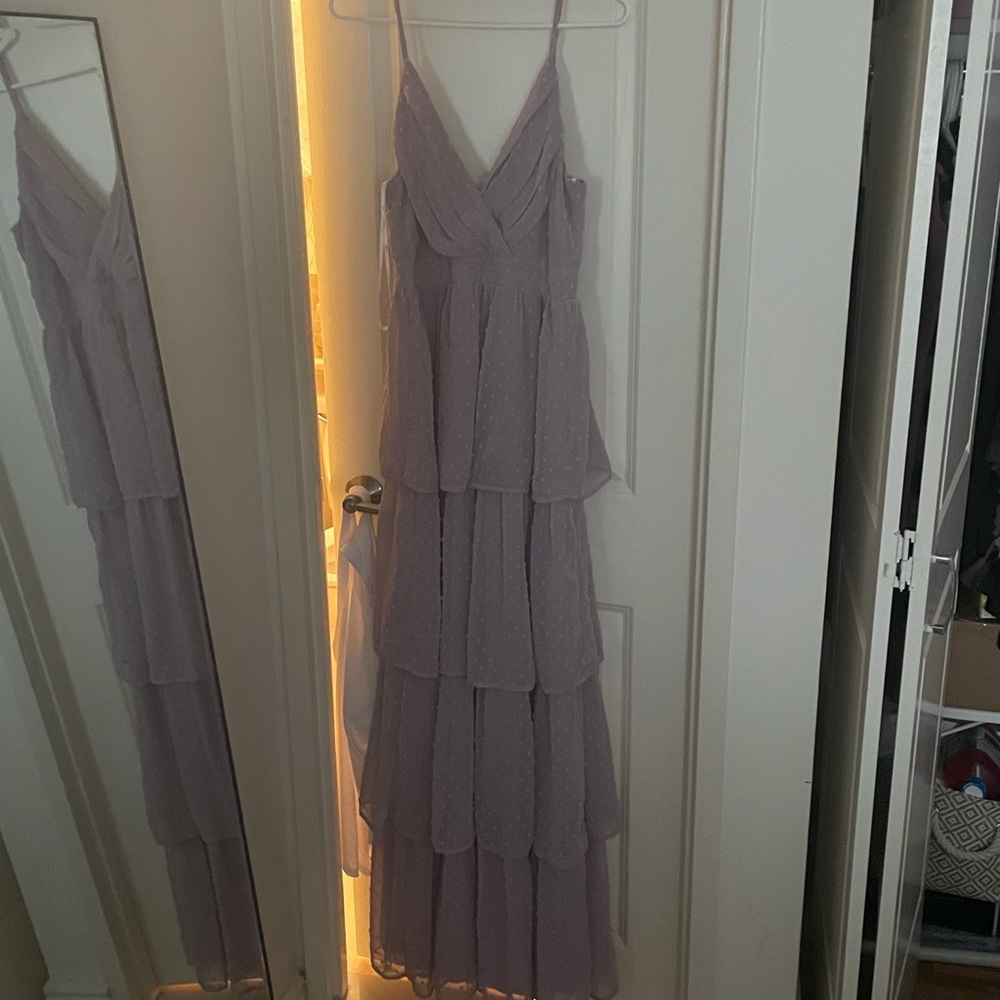 Love Stays True Lilac Swiss Dot Tiered Maxi Dress